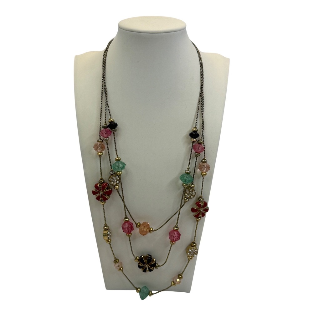 Gold Tone Multi Strand Layered Necklace Floral Rhinestone Pink Beads Boho Y2K